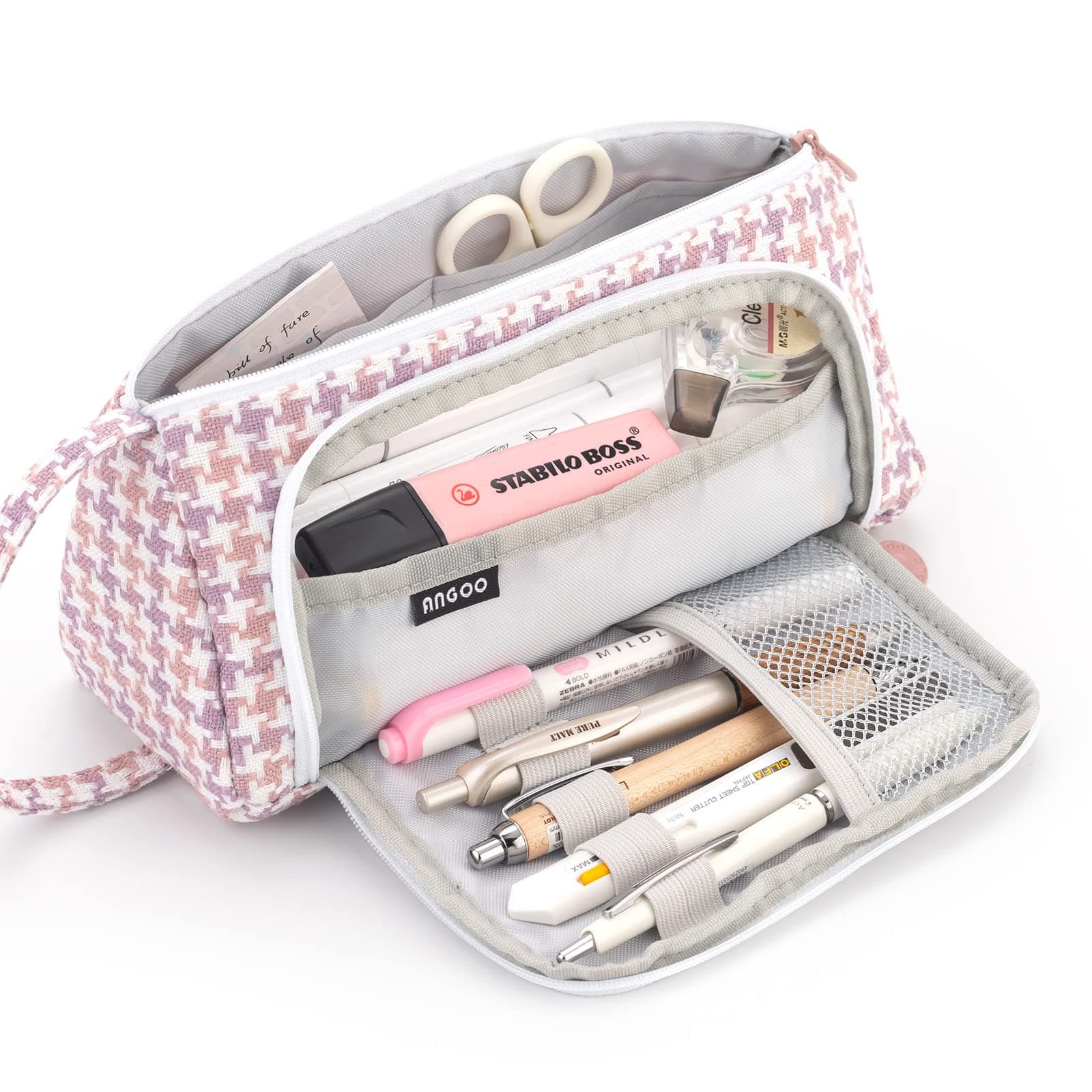 EASTHILL Big Capacity Pencil Case Canvas High Large Storage Pouch Marker Pen Case Simple Stationery Bag School College Office Organizer for Teens Girls Adults Student-Plaid Pink