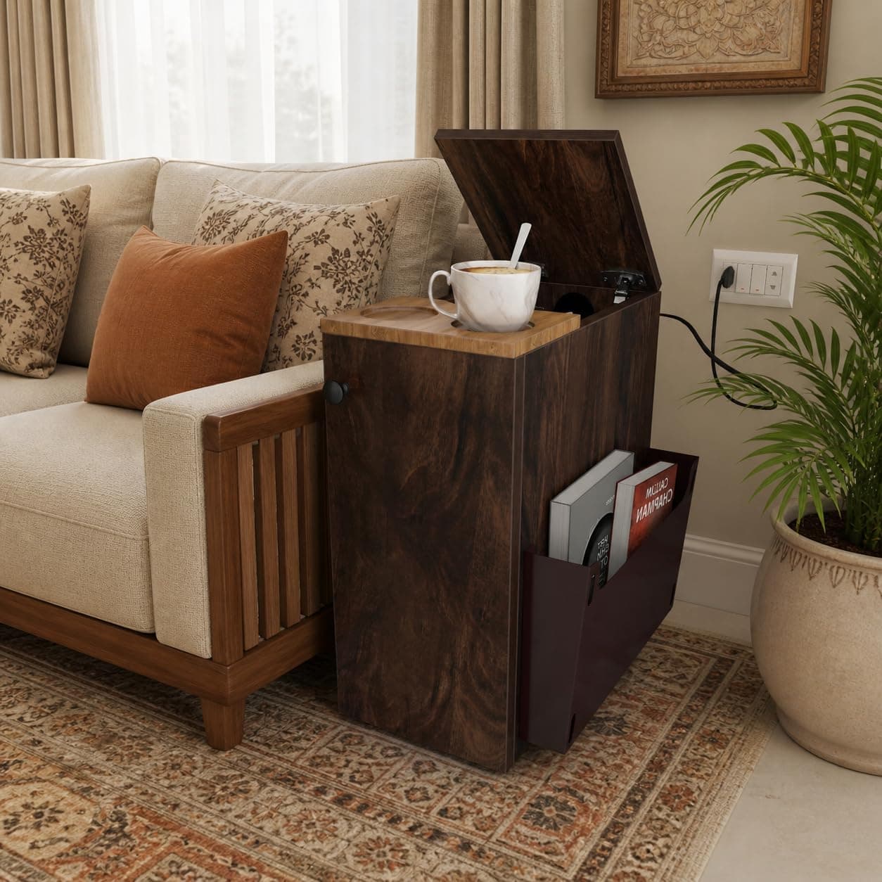 Studio Kook SEZ Sofa Mate Left Side Table, Delivered Preassembled (Engineered Wood,Junglewood, Matte Finish)
