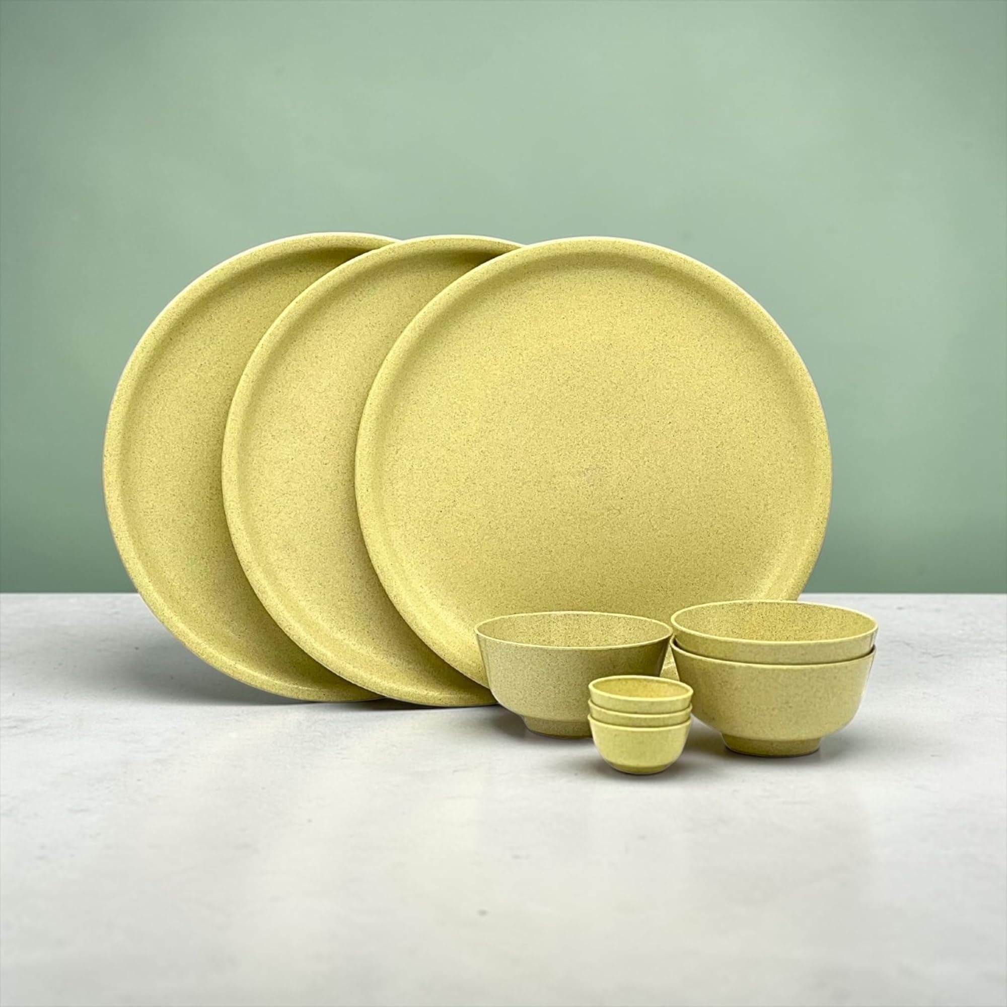 Happy Cove Husk Eco Friendly 10 inch Solid Dinner Plates | Rice Husk and Bamboo Fibre | Set of 3 with 3 Bowls (200ml) and 3 Sauce Bowls - Durable, Microwave Safe, Lemon Yellow