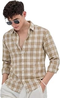 U TURN Men's Casual Plaid Button-Down Shirt, Khaki and White Checkerd Shirt Latest Stylish