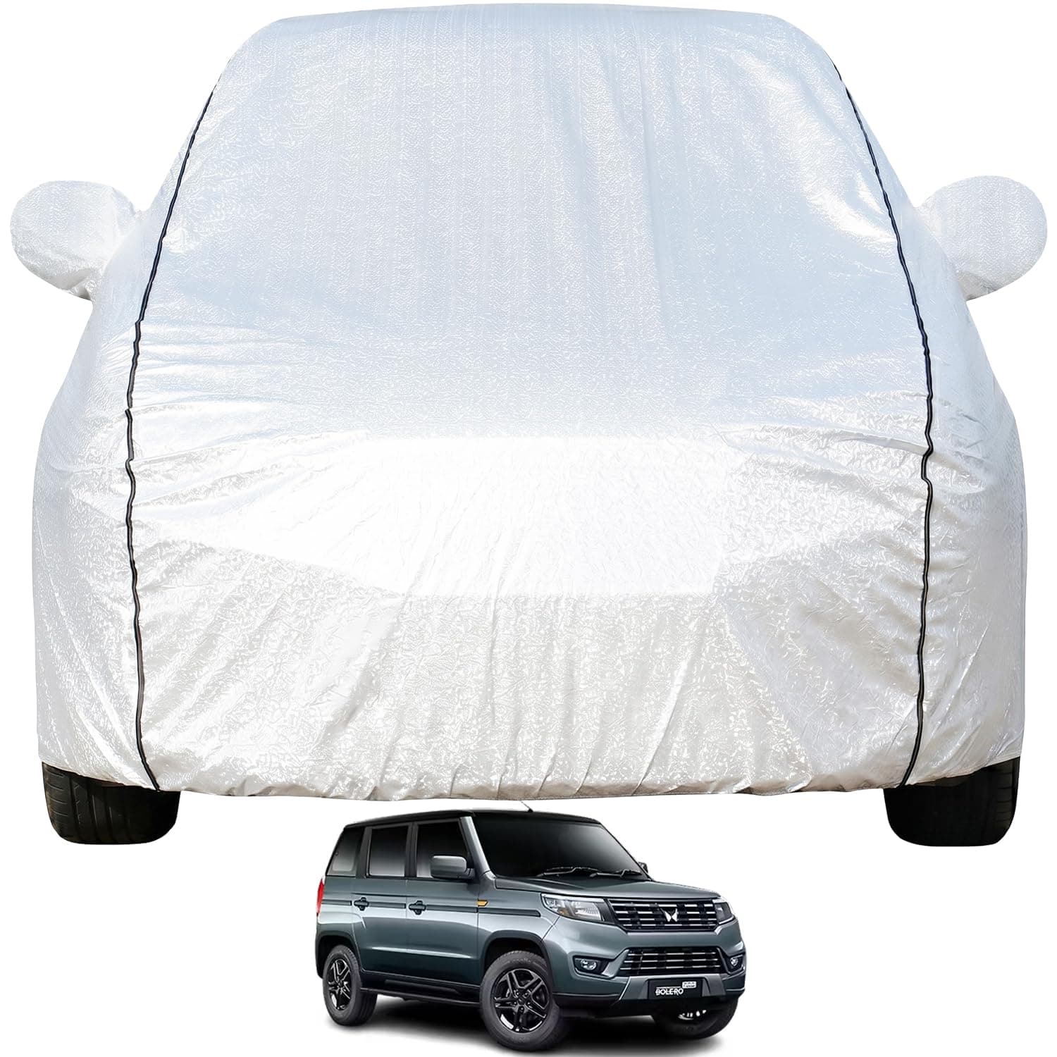 Pivalo Car Cover for Mahindra Bolero Neo All Model & Years (2021-2026) 100% Waterproof with Mirror Pockets, Triple Stitched Bottom Elastic Dustproof Full Body Protection (Heat & UV Resistant, Silver)