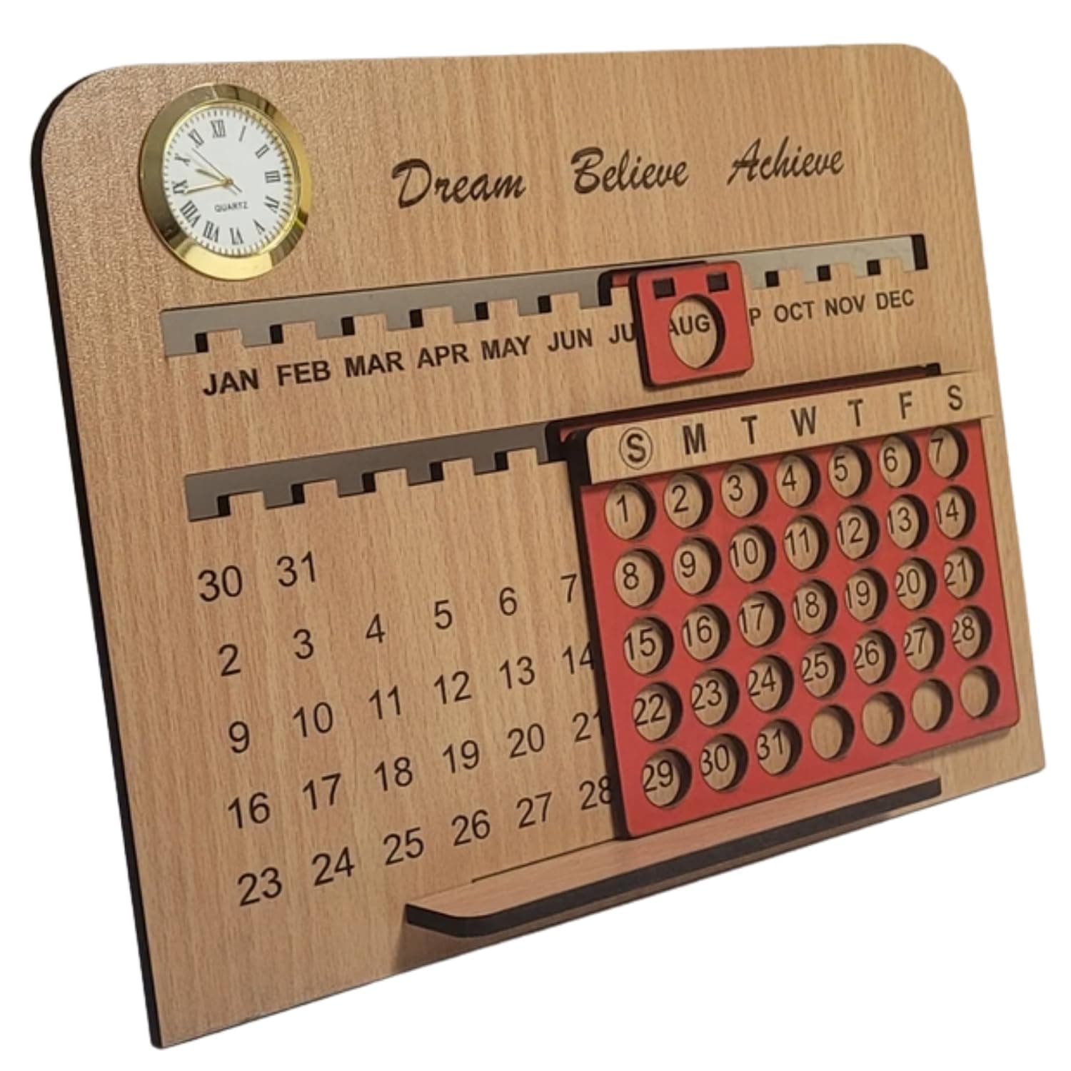 Wooden Lifetime Infinite Desk Calendar 2026 with Clock | Motivational Quote 3D Table Calendar for Office & Home | New Year Gift, Corporate Gift Calendar | Premium Desk Decor