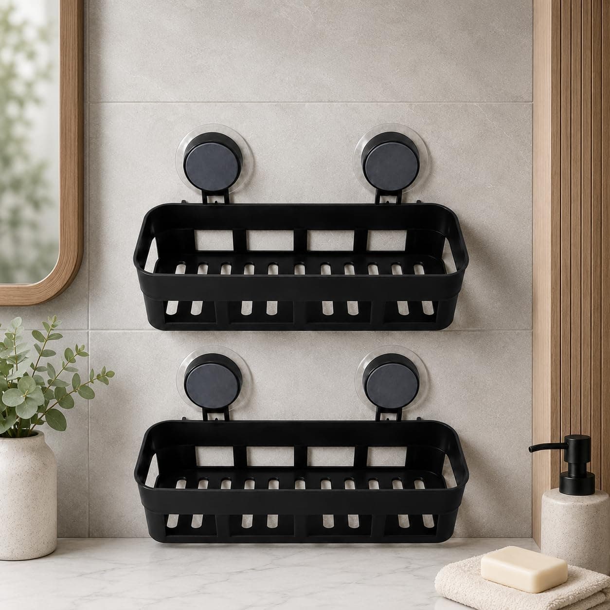ELMVIA Non-Drill Wall Mount Magic Sticker Self Adhesive Bathroom Corner Shelf Wall Mounted, Self Adhesive Organizer Rack with Hooks, Waterproof Storage Stand for Kitchen, Wash Basin & Bathroom (2 PC)