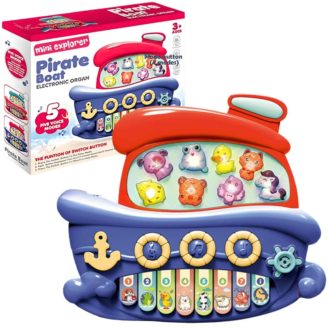 Mini Explorer Pirate Boat Musical Piano Toy | 5 Sound Modes with Animal & Piano Keys | Electronic Organ Toy for Kids with Light & Sound | Educational Learning for Toddlers Boys & Girls (Mbpt001)