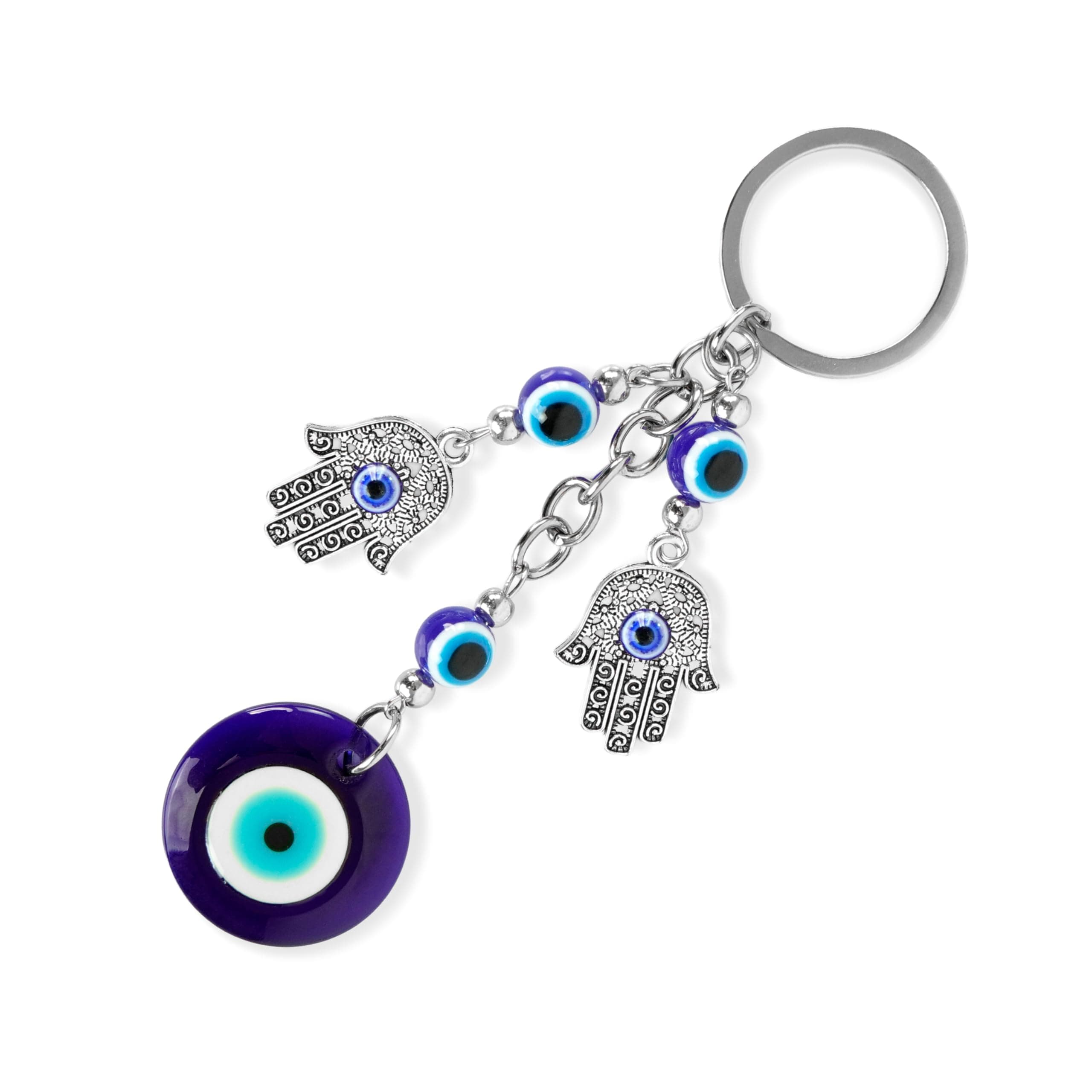 Storite Dual Hamsha Hand Evil Eye Keychain, Blue and Silver | Bike/Car, Gifting with Key Ring, Anti-Rust