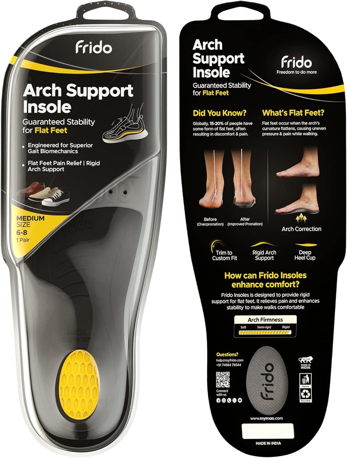 Frido Rigid Arch Support Insole for Flat Feet | Relieves Feet Pain | Plantar Fasciitis & Heel Spurs | Orthotic Inserts for Enhanced Stability | Trimmable Shoe Inserts | Medium 6-8 UK | Pack of 1