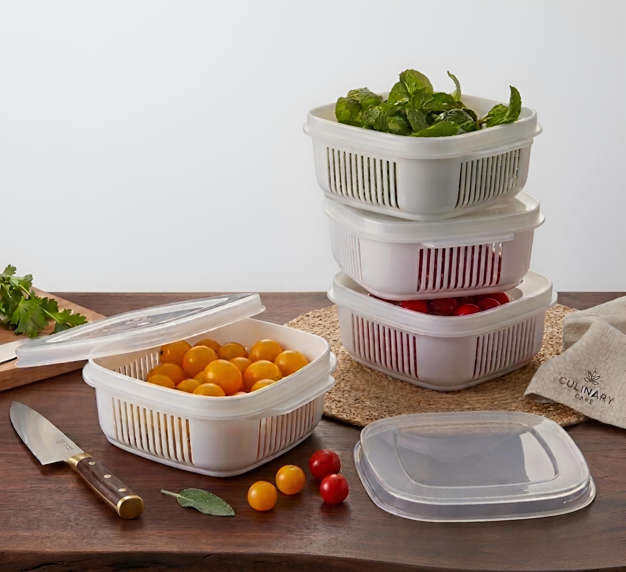 4 Pcs Fridge Storage Containers with Strainer Basket & Lid, Stackable BPA Free Vegetable & Fruit Storage Boxes, Drain Fresh Produce Keeper, Multipurpose Kitchen Organizer for Fridge & Freezer & Pantry