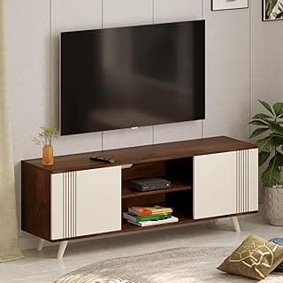 BLUEWUD Harmond Engineering Wood Floor Standing TV Entertainment Unit Set Top Box Stand/TV Cabinet Panel with Shelves for Books & Décor Display Unit Bed Living Room Upto 55" (Brown Maple & White)