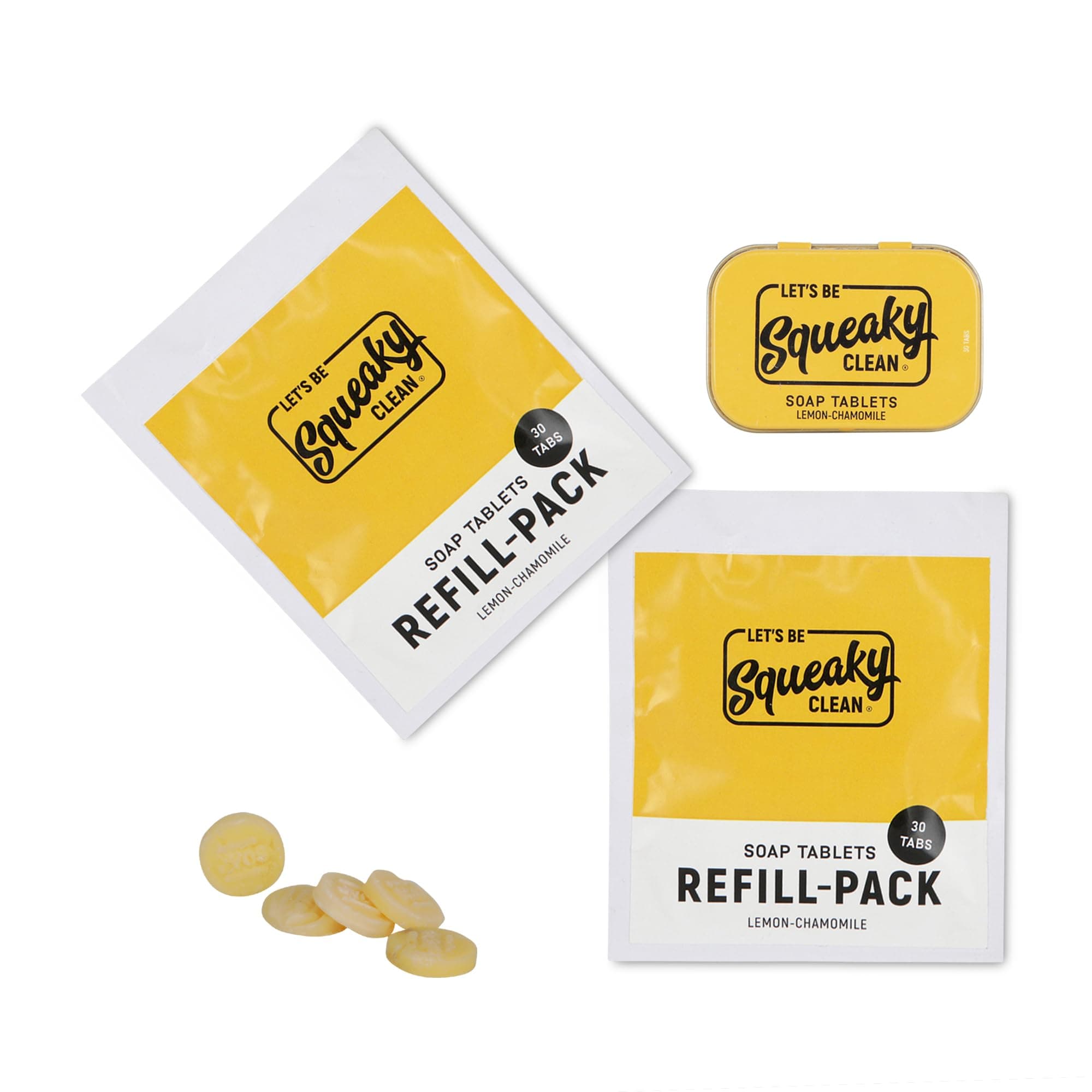 Squeaky Clean Hand Made Soaps Single Use Lemon Pack of 1 with 2 Refill Packs - Pack of 1 Tin (30 Tablets) + Refill (30+30=60 Tablets) Single Use Skin Friendly