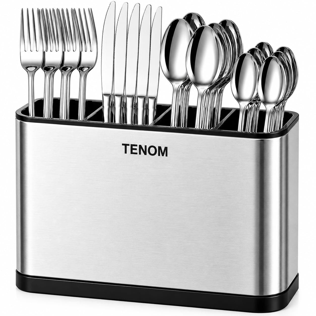 Tenom Spoon Holder for Kitchen Countertop | Stainless Steel Spoon Stand & Cutlery Stand with Drain Tray | Rustproof Heavy Duty Utensil Organizer (Silver)