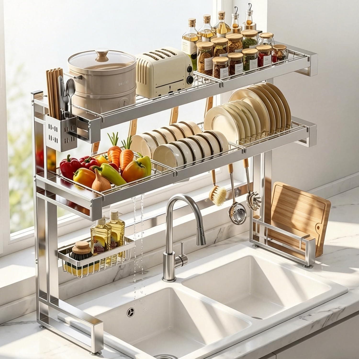 COMFYHOME Stainless Steel Over-the-Sink Kitchen Drying Rack—Sturdy Stable, Rust-Proof Durable Features Cutting Board Holder, Knife Rack, and Storage Basket; Ideal for Draining Dishes,Cutlery,and Cups