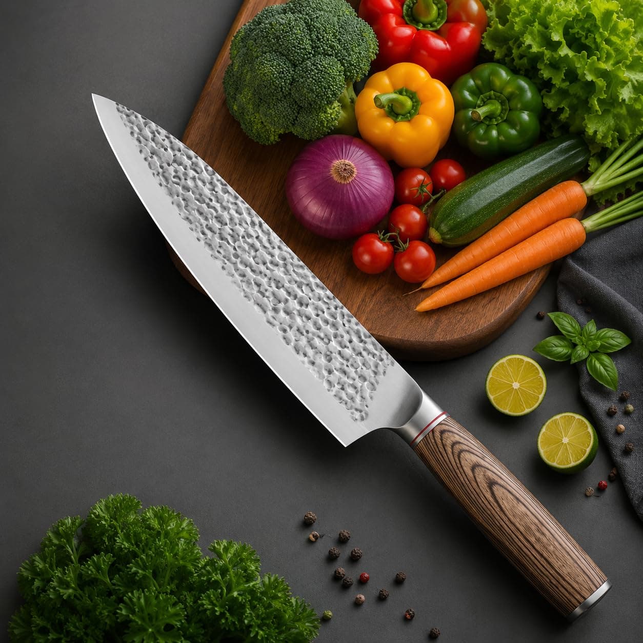 CRENTROVA Professional Chef Knife –8 Inch Japanese Style Kitchen Knife with Stainless Steel Blade & Wood Handle–Ultra Sharp Multipurpose for Vegetables & More (Dot Knife)