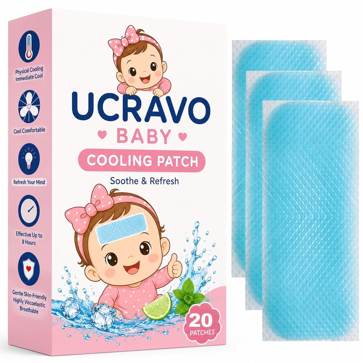 UCRAVO Cooling Fever Patch for Kids,20 Sheets Cooling Forehead Strips Cooling Gel Pads for Baby Children Adult Migraine Soothing, Headache Patches - Forehead Fever Cool Pads - Cooling & Pain Relief
