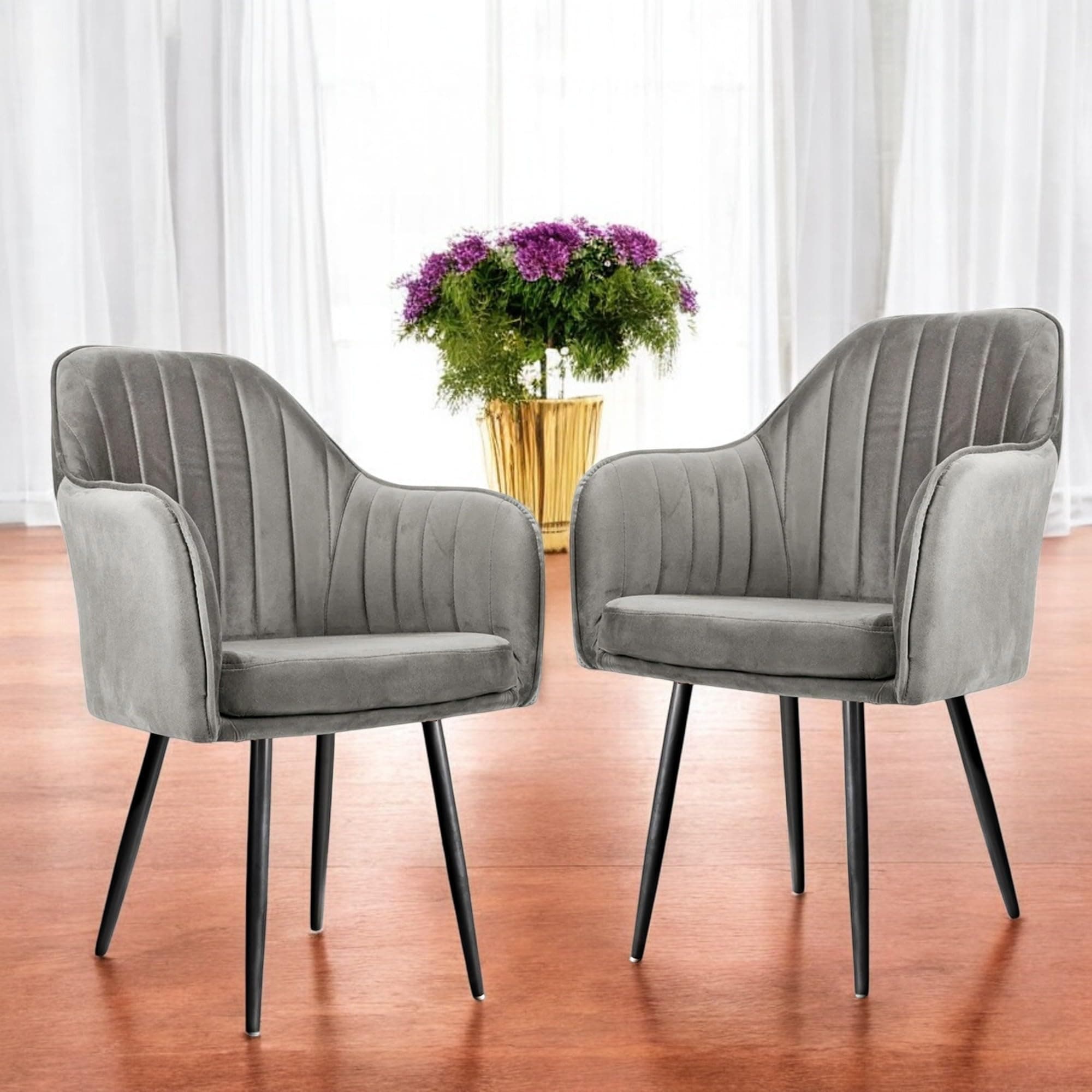 BAWARI Set of 2 Accent Chair for Living Room | Modern Armchair in Soft Velvet Fabric with Sturdy Legs | Premium Chair for Home Living Room Bedroom Restaurent | (Black Legs, Ash Grey)