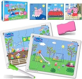 Wembley Peppa Pig - 5 in 1 Jigsaw Magnetic Puzzle for Kids 3+ Years Educational Fun Learning DIY Creative Activity Set Dot-to-Dot Sketching Includes 5 Puzzles, 1 Board, Marker Pen & Duster