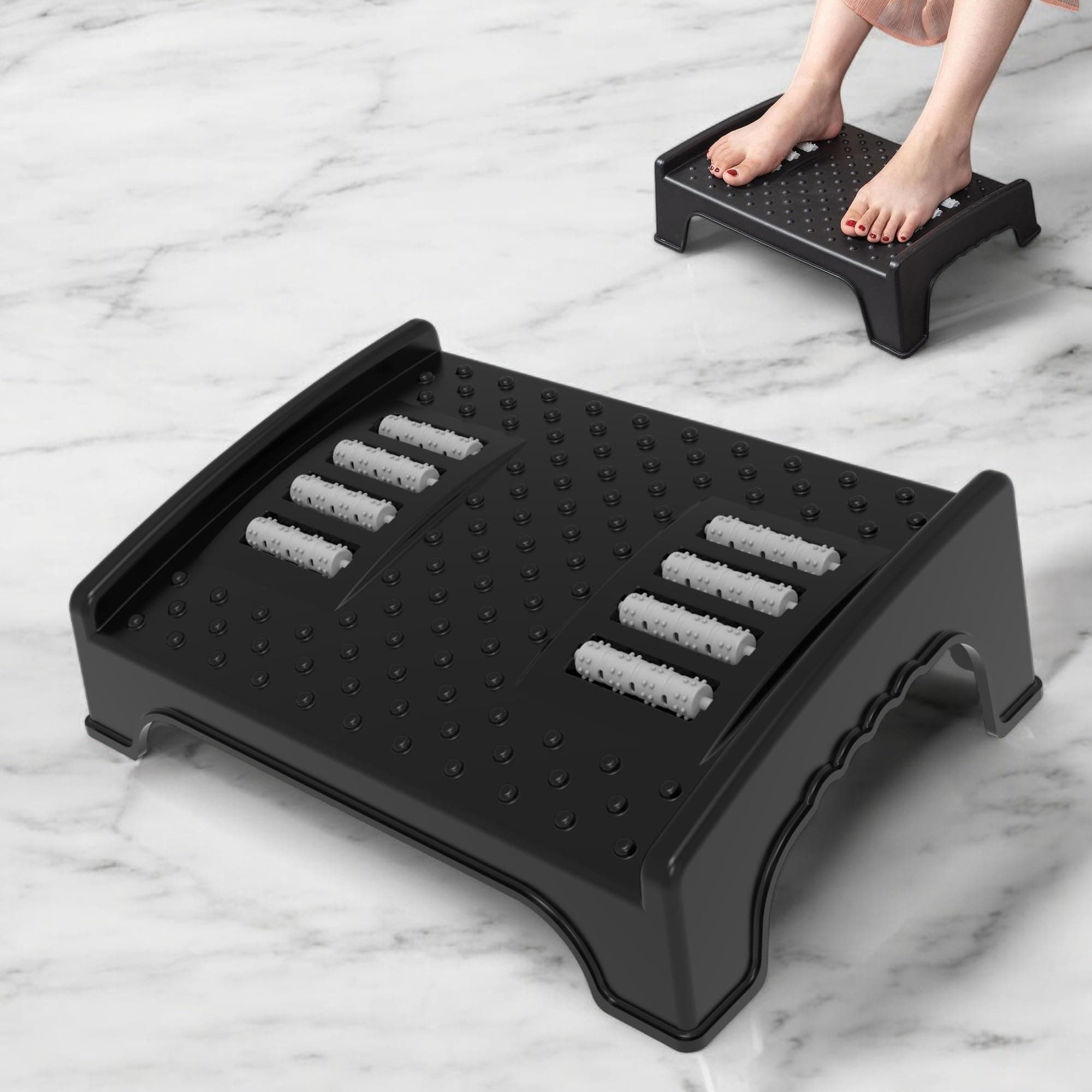 Techhark® Ergonomic Under Desk Foot Rest with Massage Rollers, 40 x 29 x 12.3 cm, Anti-Slip Design, Black, Plastic