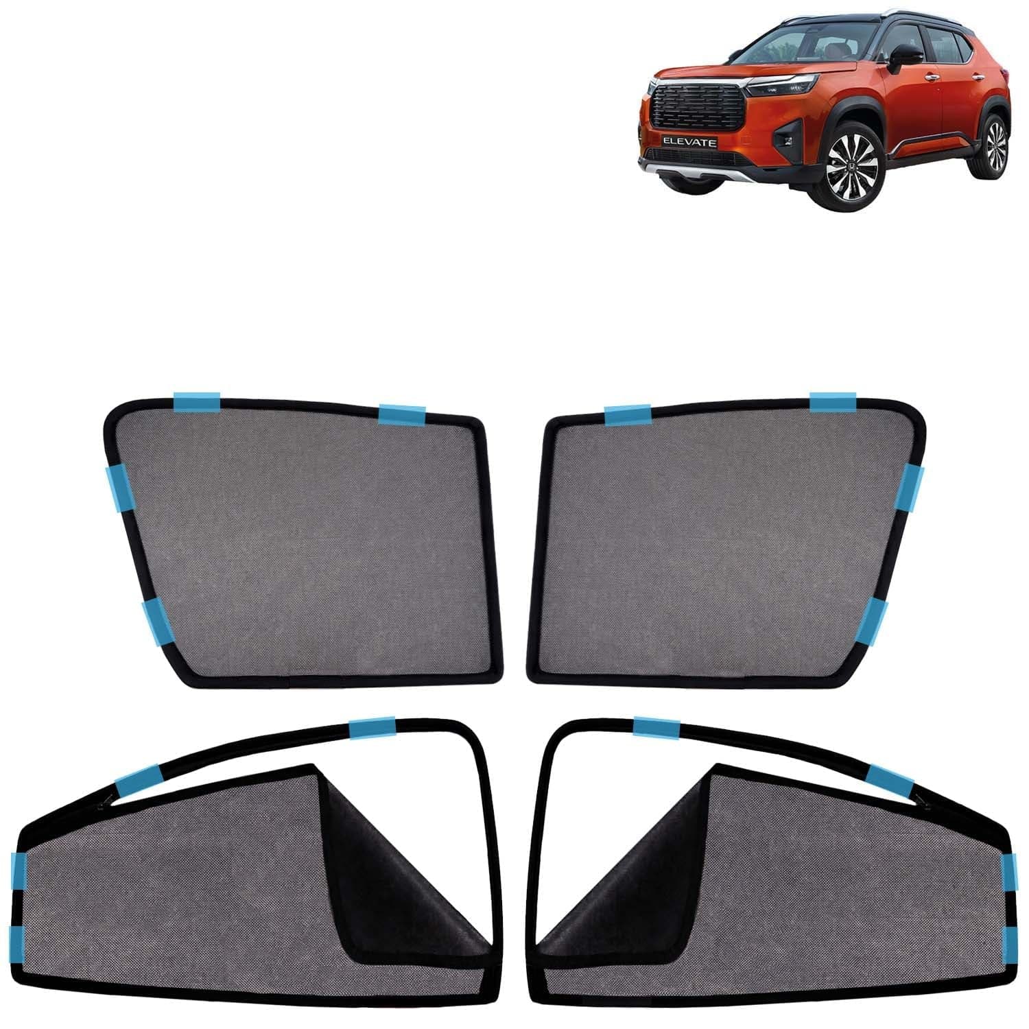 KINGSWAY Car Sun Shade Curtains Only Compatible with Honda Elevate (2023 Onwards) | Front Window in Half Cut and Rear in Zipper (Magnetic) | UV & Heat Protection | Pack of 4 Pcs