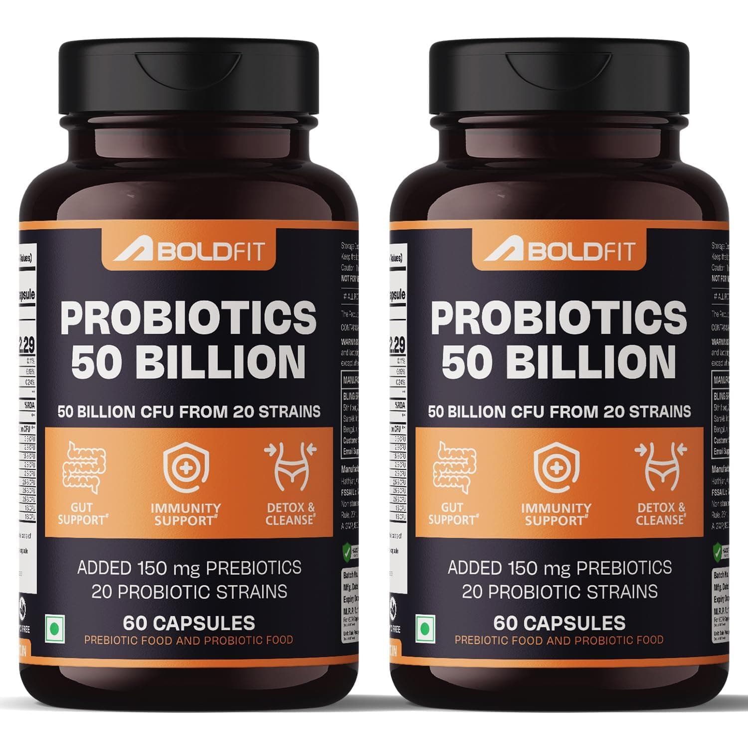 Boldfit Probiotics 50 Billion CFU with 16 Strains and Prebiotics for Gut Cleanse Detox Digestive Health Bloating Relief Constipation Probiotic Supplement for Men and Women Supports Immunity Booster - 120 Veg Capsules