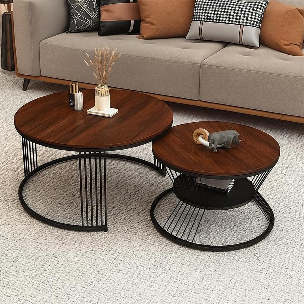 EXPRESSOW ENTERPRISES Modern Luxury Round Nesting Coffee Table Set, 2-Piece with Marble Finish Top, Metal Frame, 20 Inch, for Living Room and Office (Black Antique)