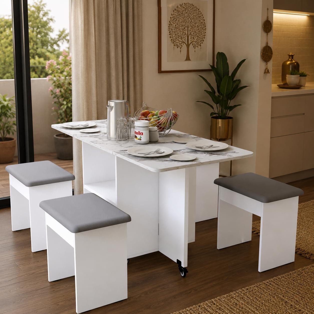 Studio Kook Bonbon 4 Seater Folding Dining Table with Inbuilt Seating | Engineered Wood Space-Saving Dining Table on Lockable Wheels (Matte Finish) (Marble Finish Laminate Top & White)
