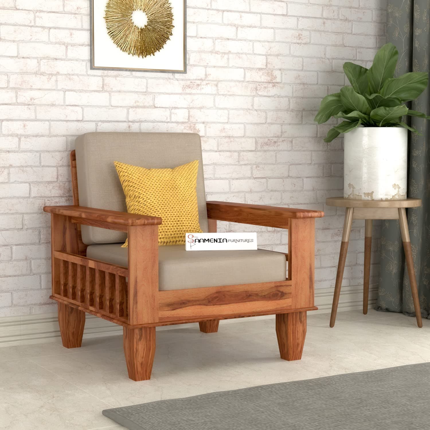 Mamta Furniture Wooden Solid Sheesham Wood 1 Seater Sofa Set with Cushions (1 Seater Sofa, Teak, Beige)