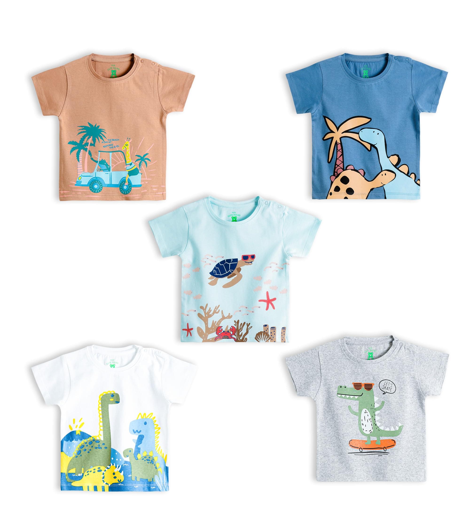 YUV Infant Baby Boys & Girls 100% Cotton Printed Multicolor Half Sleeve T Shirts - 0 to 24 Months Babies, Pack of 5