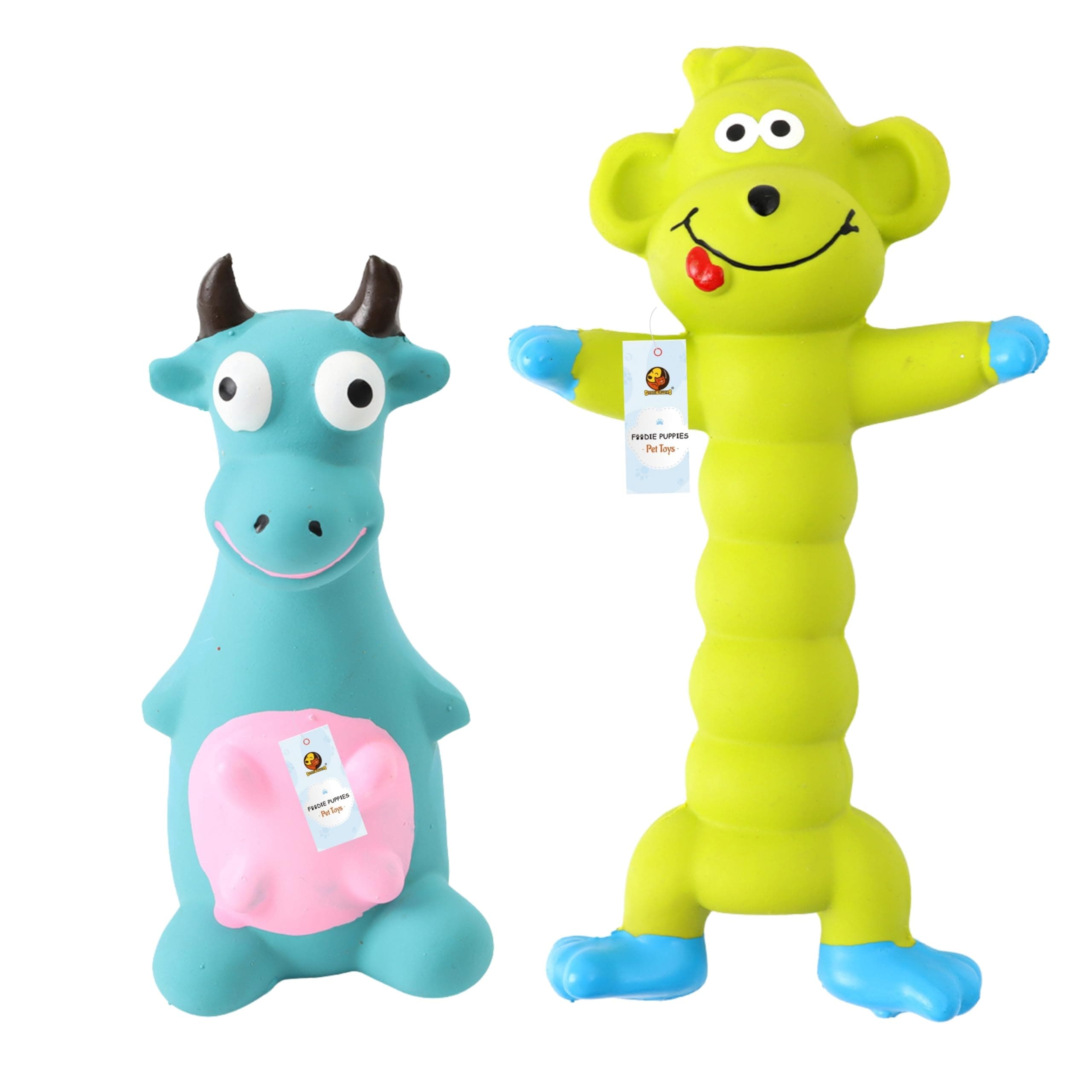 Foodie Puppies Latex Squeaky Dog Toys Combo - (Blue Bull + Green Monkey) | Durable, Animal Design Chew Toy for Teething, Fetching & Playing | Suitable for Cats, Kitten, Small to Medium Dogs & Puppies