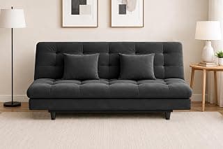 Modern Velvet Convertible 3-Seater Futon Sofa Bed with – Tufted Sleeper Couch with Adjustable Backrest– Mid-Century Living Room Furniture-Black