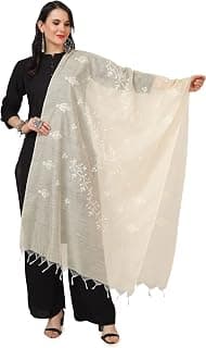 A R Silk Women's Off White Cotton Embroidered Dupatta(ARS0784)