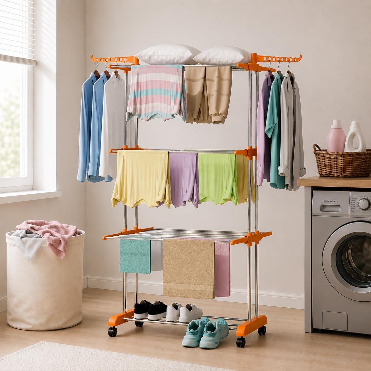 HOUZA Premium Stainless Steel Clothes Drying Stand with Wheels | 3 Layer Foldable Cloth Dryer Stand/Rack for Household, Balcony, Indoor & Outdoor | Portable & Rustproof- Orange
