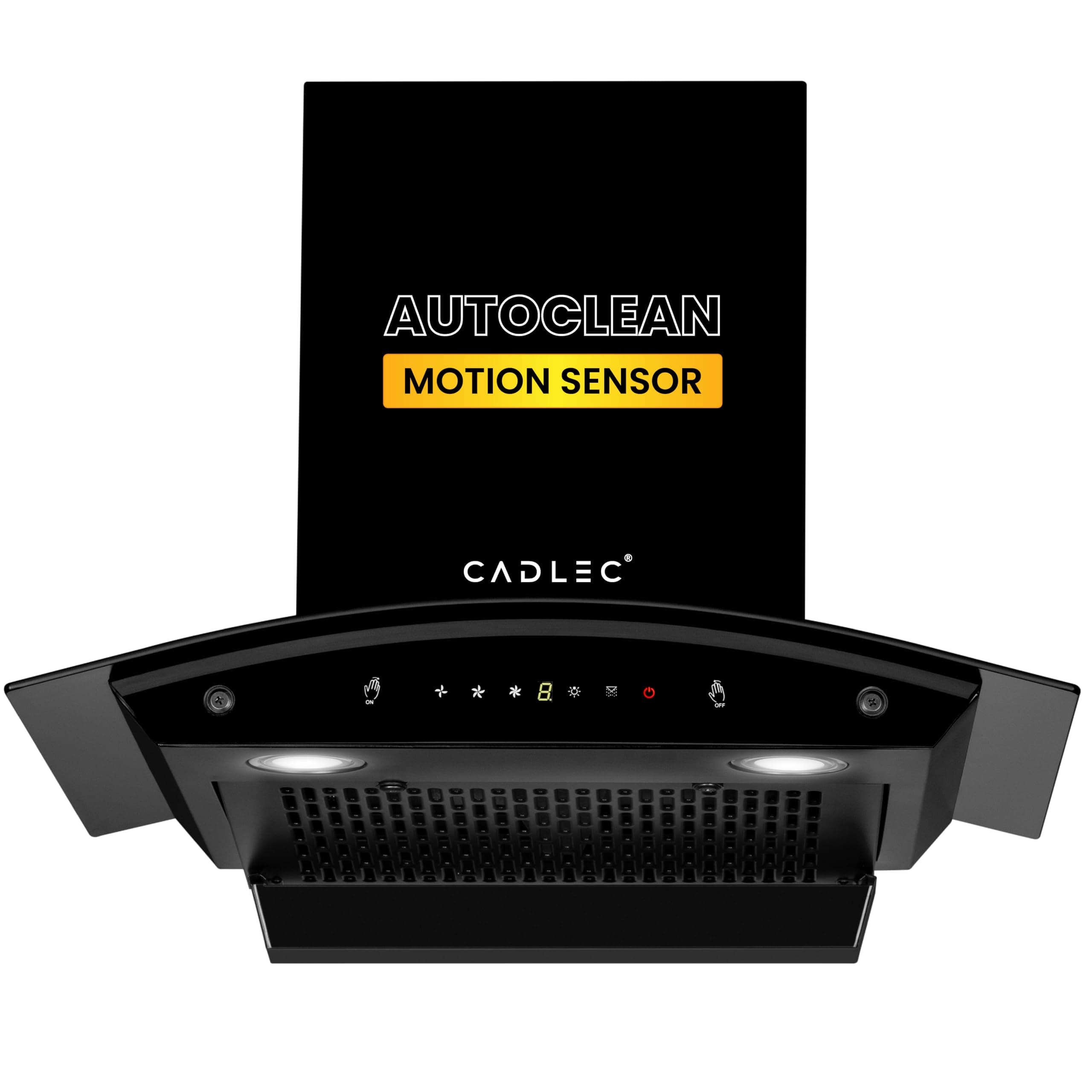 Cadlec CurveFlow 60cm Filterless Curved Glass Kitchen Chimney | 1400 m³/hr Powerful Suction | Auto Clean with Oil Collector | Feather Touch + Gesture Control Technology | 20-Year Warranty | Black