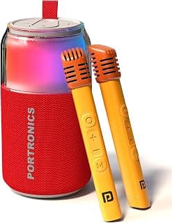 Portronics 10W Talk Six Can-Shaped Portable Bluetooth Speaker with Dual Wireless Karaoke Mic, Upto 4 Hours Playtime, 360° Degree RGB LED Light, Bluetooth V5.3, USB-A in Port, Type C Charging(Red)