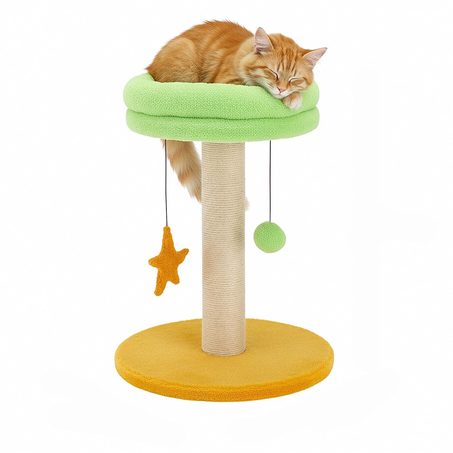 Amazon Basics Cat Scratching Pole and Lounge Bed, with Hanging Star and Ball, Natural Jute, Sturdy Wooden Base, 50cm (S)