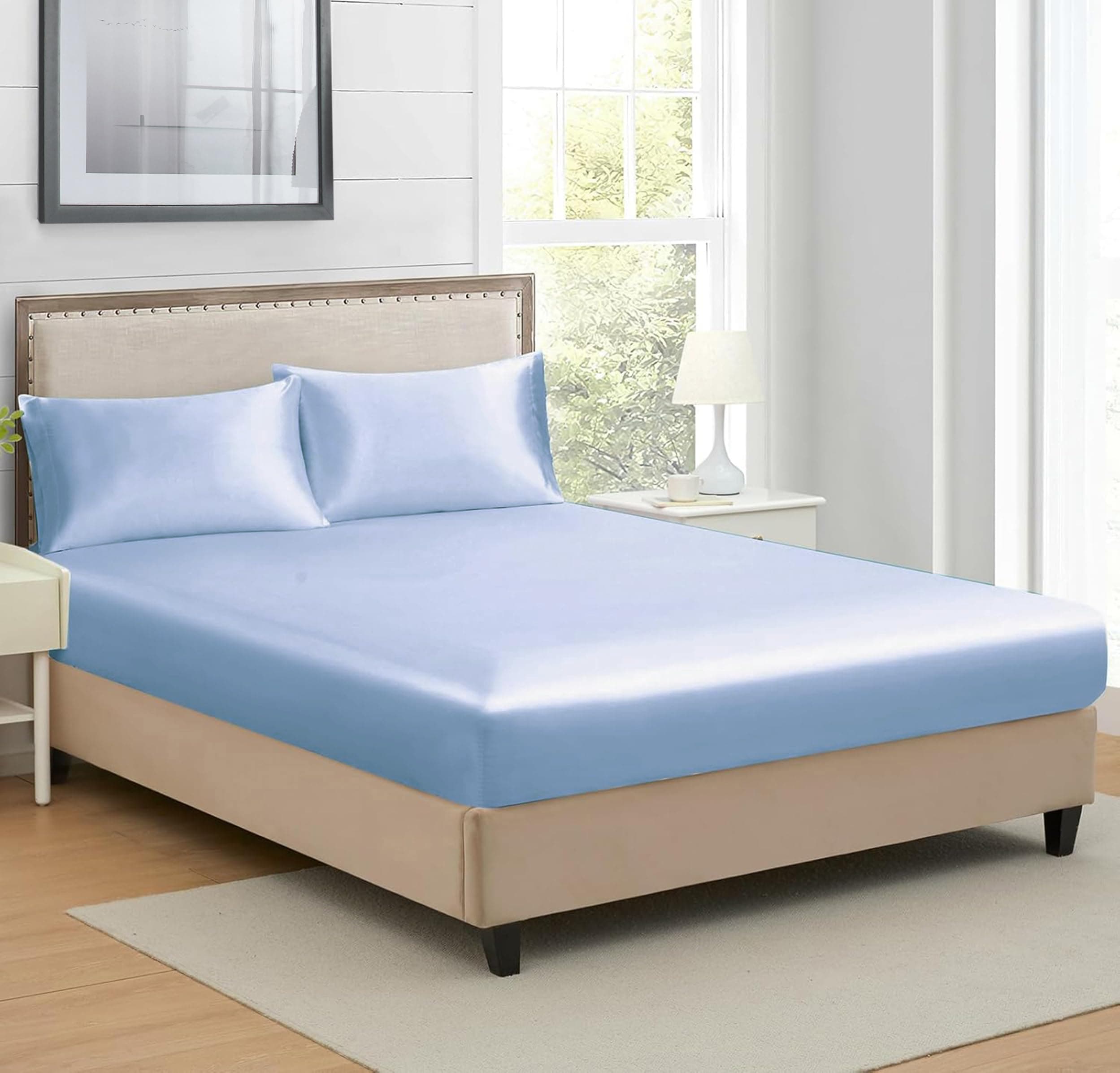 RD TREND® Microfiber Satin Weave Fitted Bedsheets for Queen Size Bed 78x60x10 Inch with 2 Pillow Covers-18x28 Inch | 400 TC All Around Elastic | Sky Pearl