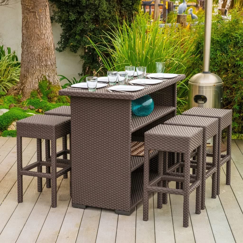 DEVOKO 7 Pcs Patio Wicker Bar Table Set with Stools All-Weather HDPE Rattan & Strong Rust Proof Metal Frame for Garden, Balcony, Terrace, Patio(Coffee Brown)