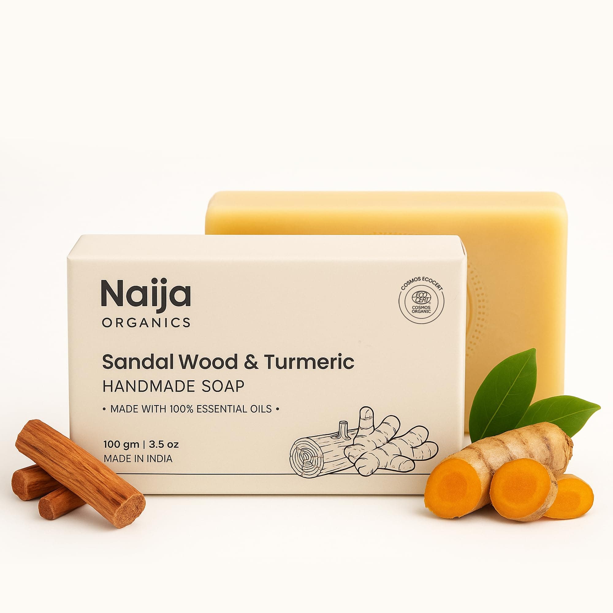 Naija Organics Sandalwood & Turmeric Natural Bath Soap | Skin Brightening, Deep Moisturizing, Chemical-Free, Handmade Soap| Haldi & Chandan Body Soap | For Men & Women, All Skin Types - 100g