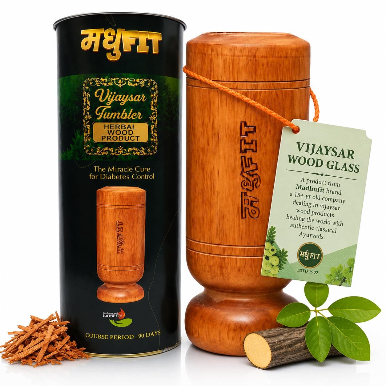 MADHUFIT Vijaysar Wooden Glass Tumbler for Diabetes & Blood Sugar Control | Ayurvedic Bija Tree Wooden Tumbler | Pterocarpus marsupium Herbal wood, Vijaysar ki lakdi ka glass