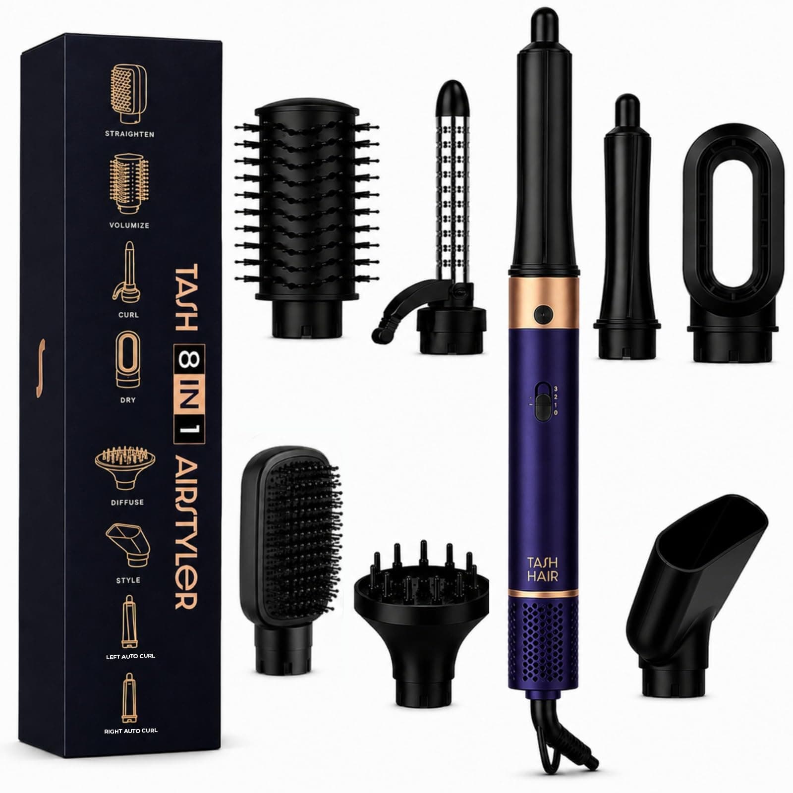Tash Hair 8 in 1 AirStyler- Auto Wrap Curlers, Hot Air Brush, Straightener Brush, Curling Tong, Blow Dryer, Concentrator & Diffuser | 50% Less Heat Damage, 1200 Watts, 3 Heat Modes- All in One Styler