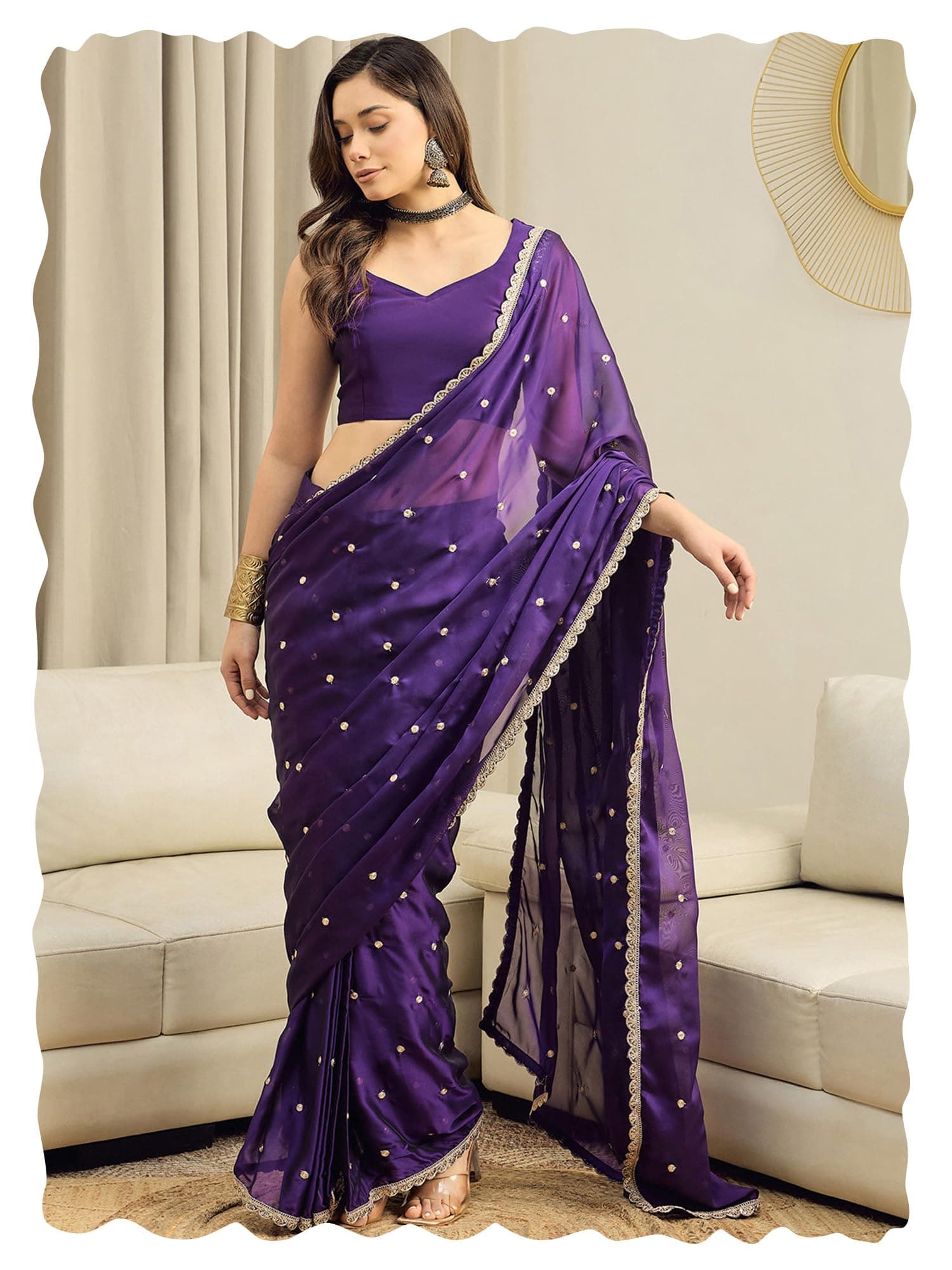 AKHILAM Women's Shimmer Pure Georgette Embroidered Ready To Wear one Minute Saree With Unstitched Blouse Piece