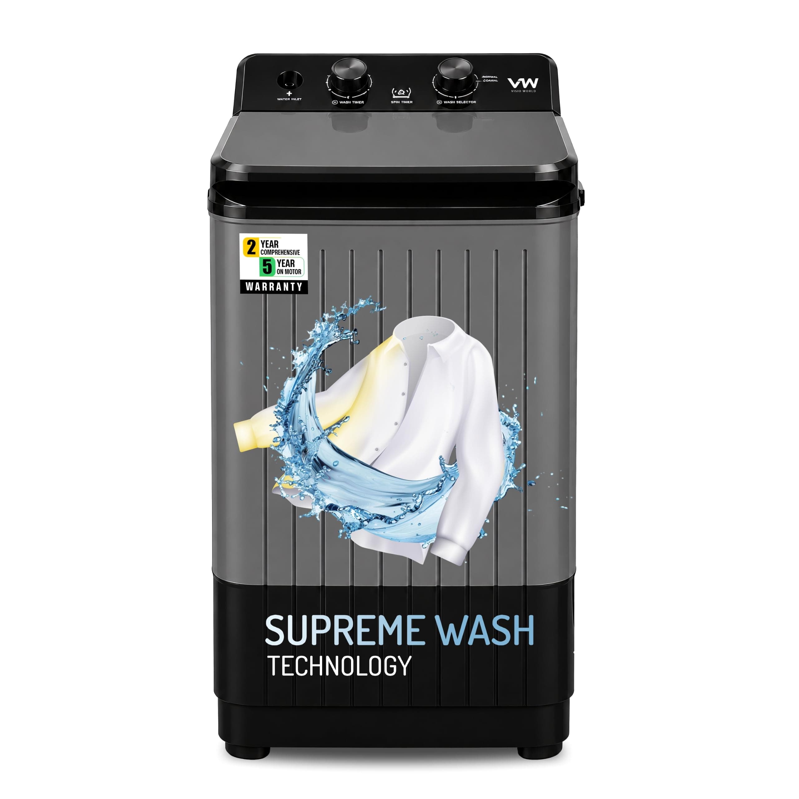 VW 8.5 kg Wings Pulsator Technology Semi Automatic Top Load, V8 SupremeWash Black/Grey