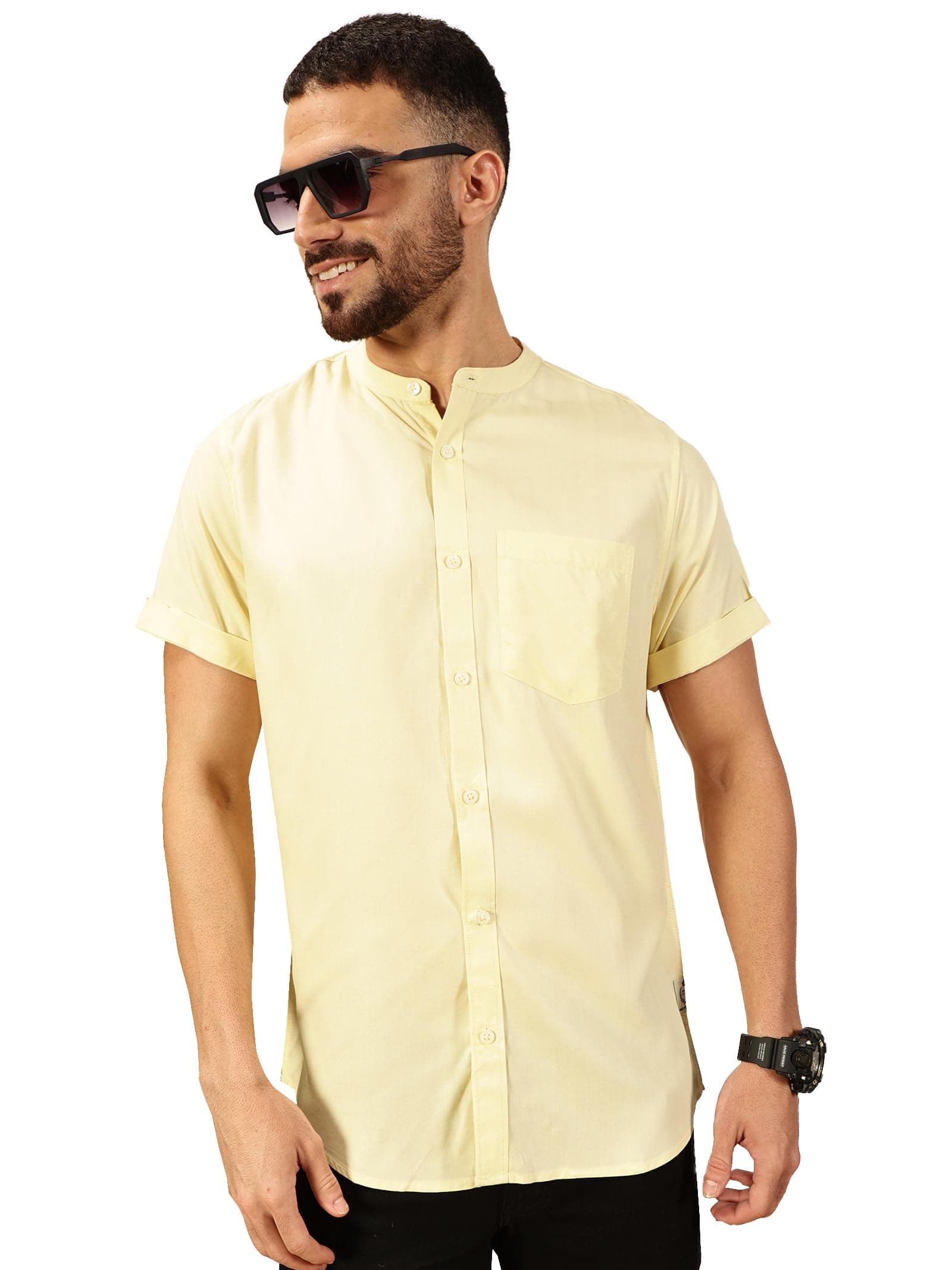 Thomas Scott Men's | Solid | Half Sleeve | Slim Fit | Viscose Rayon | Single Pocket | Mandarin Collar | Casual Shirt