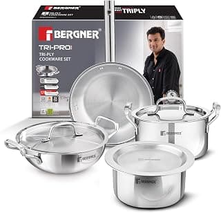 BERGNER Tripro 7 Pcs Triply Cookware Set - 20cm (3.4L) Casserole with Lid, 24cm (3L) Kadai, 22cm (1.5L) Frypan, 16cm (2L) Tope, 2 Lids, Healthy Cooking - Induction and Gas Stove Ready