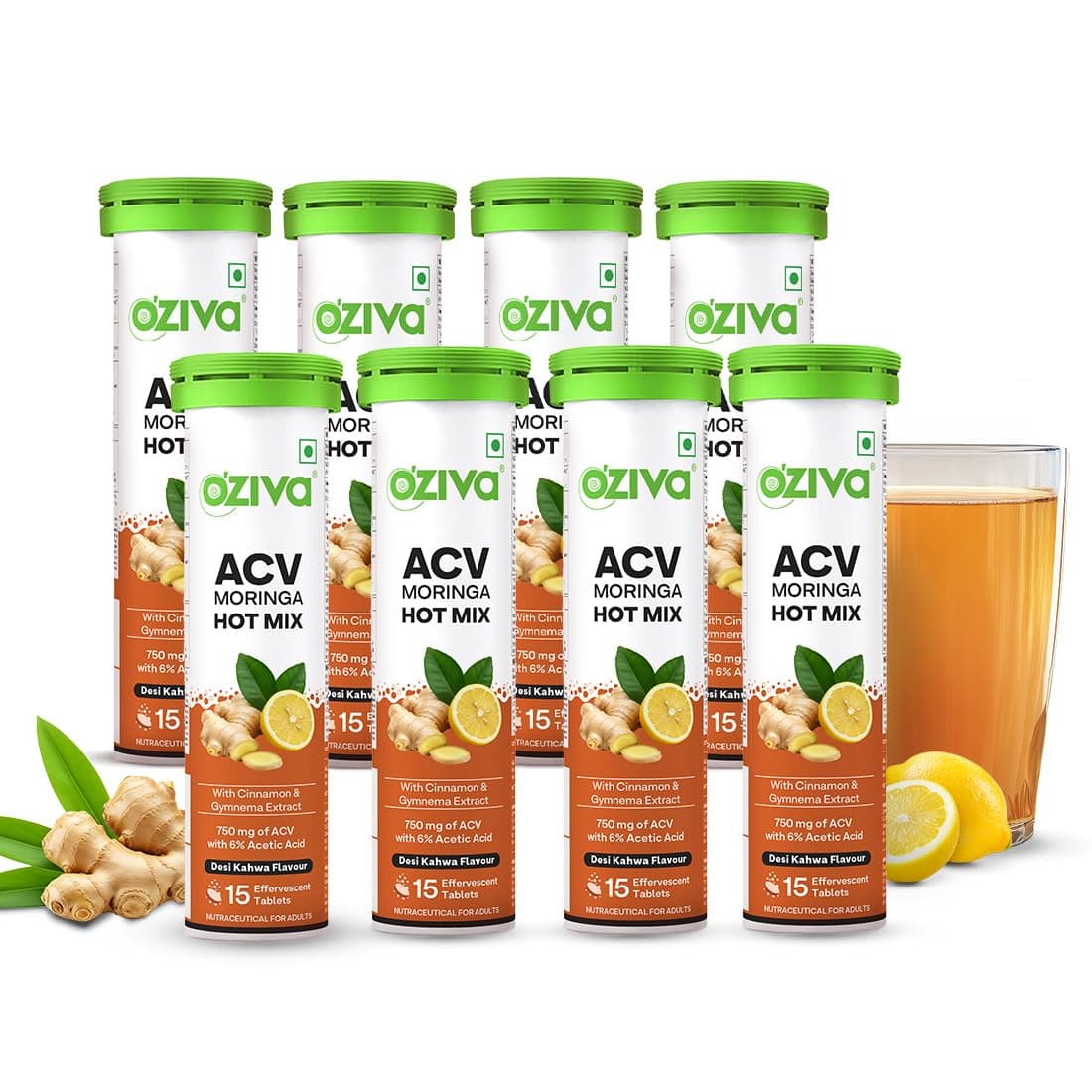 OZiva ACV Moringa Hot Mix Tablets, Boost Metabolism, Desi Kahwa, Pack of 8
