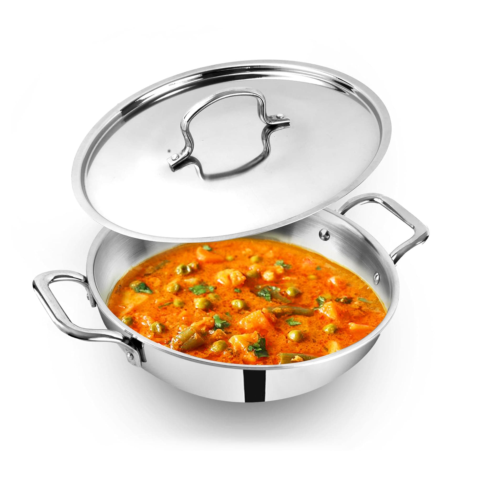 The Indus Valley Triply Stainless Steel Kadai/Kadhai with Steel Lid | 26cm/10.2 inch, 3.5Ltr, 1.7kg | Induction Friendly | Nonstick 3-Layer Body, 100% Toxin-Free, No Chemical Coating