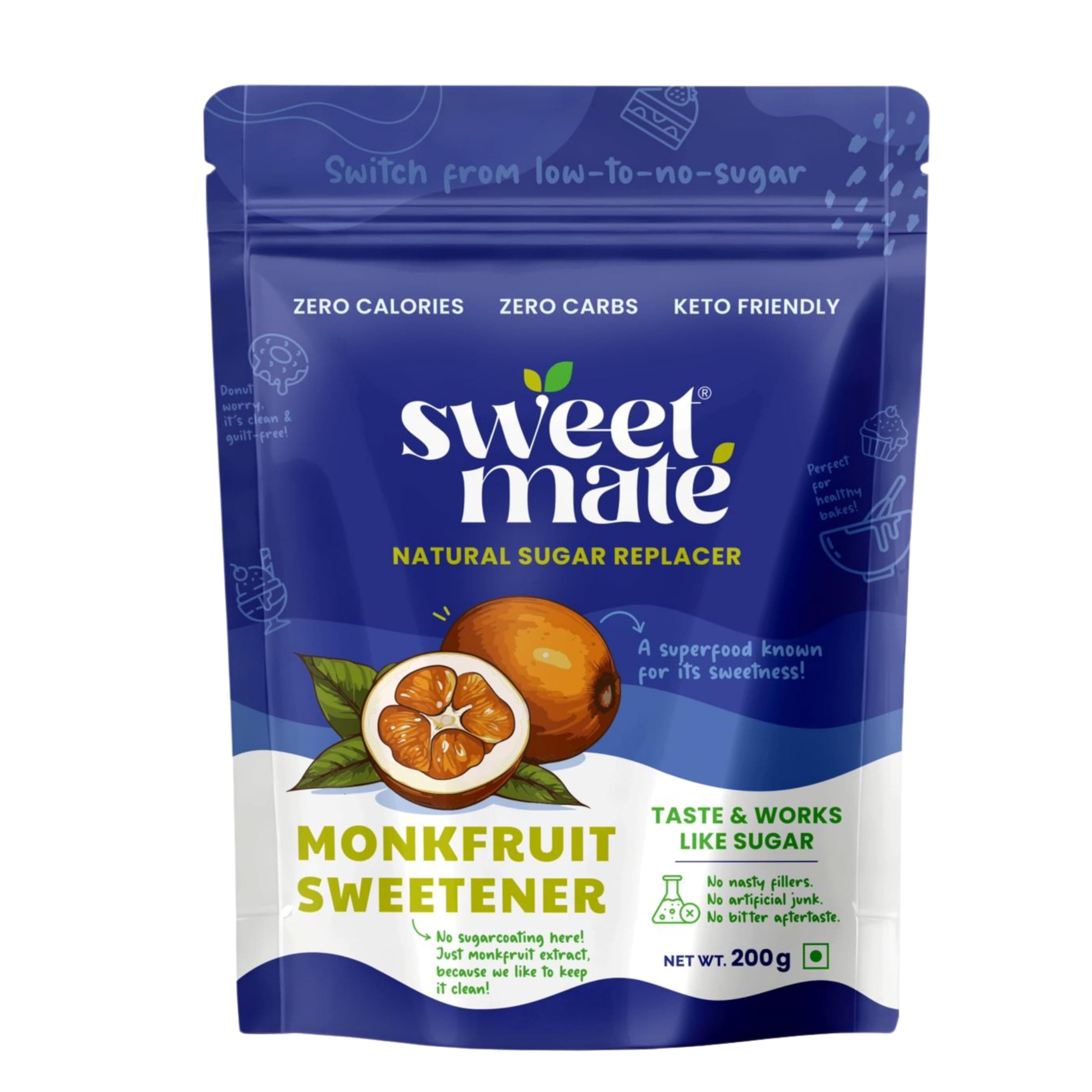 Sweetmate Monk Fruit Natural Sweetener - 200g | 1:1 Sugar Substitute | Zero Calorie, Keto & Diabetic Friendly | Plant-Based Sugar Alternative for Cooking, Baking & Beverages
