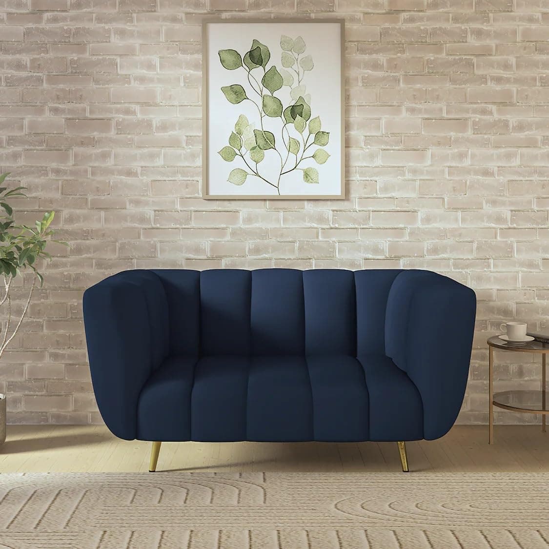 wakeup INDIA Mushy Premium Fabric Sofa Set | Pocket Spring Cushion Upholstery Sofa Set|Padded Cushioned Armrest | Metal Leg with Golden Polish (Berry Blue,Seating-2) | 3 Years Warranty