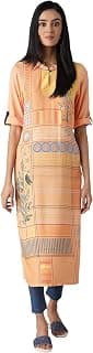 Aurelia Women's Viscose Apricot Wash Geometric Mandarin Collar Straight Kurta