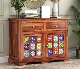 Solid Sheesham Wood Wooden Cabinet Sideboard with 2 Drawers and 2-Door Storage for Your Living Room, Bedroom (Design 60)