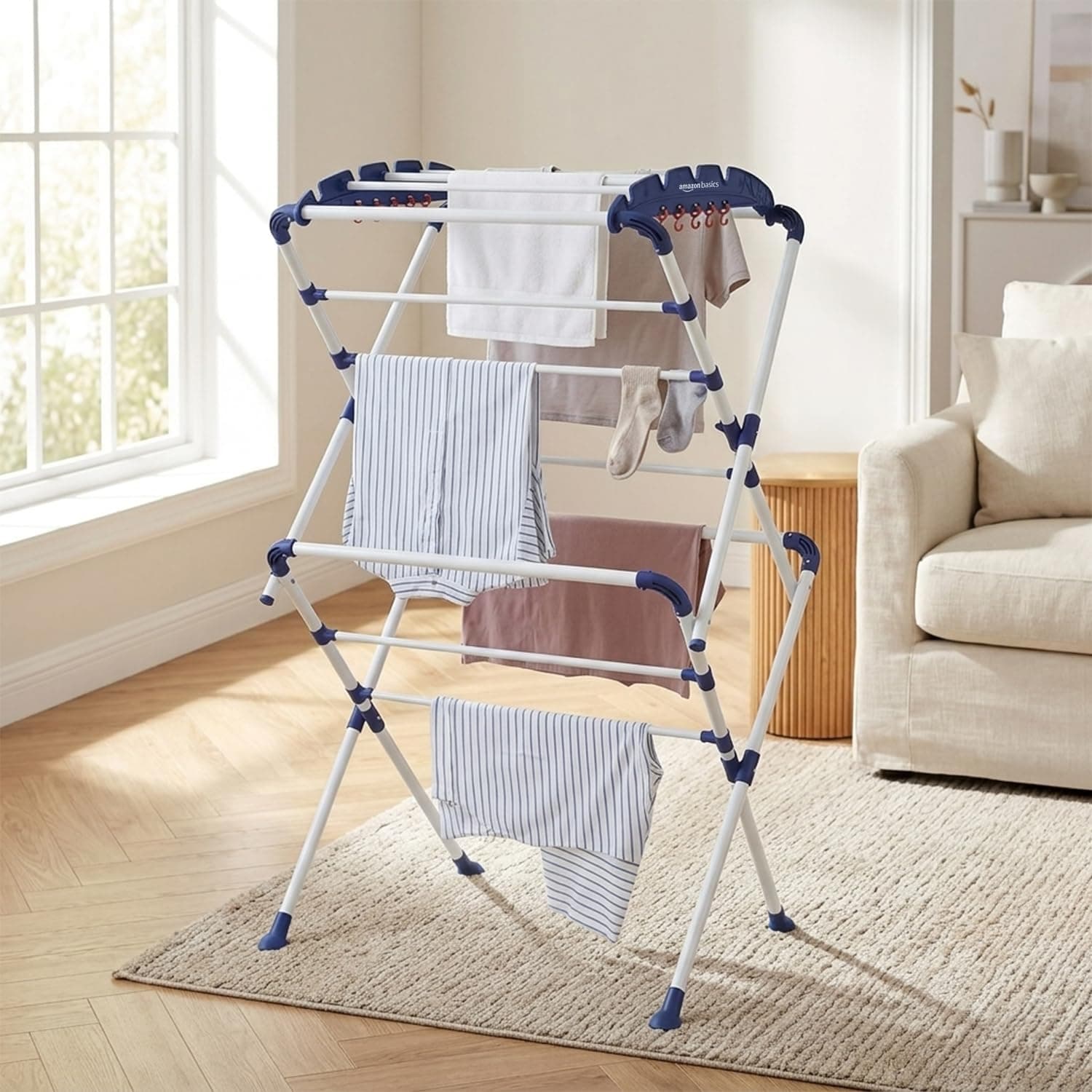 AmazonBasics Clothes Stand for Drying | Foldable & Portable | 13 Hanger Rods and 10 Additional Hooks | Anti Rust Mild Steel