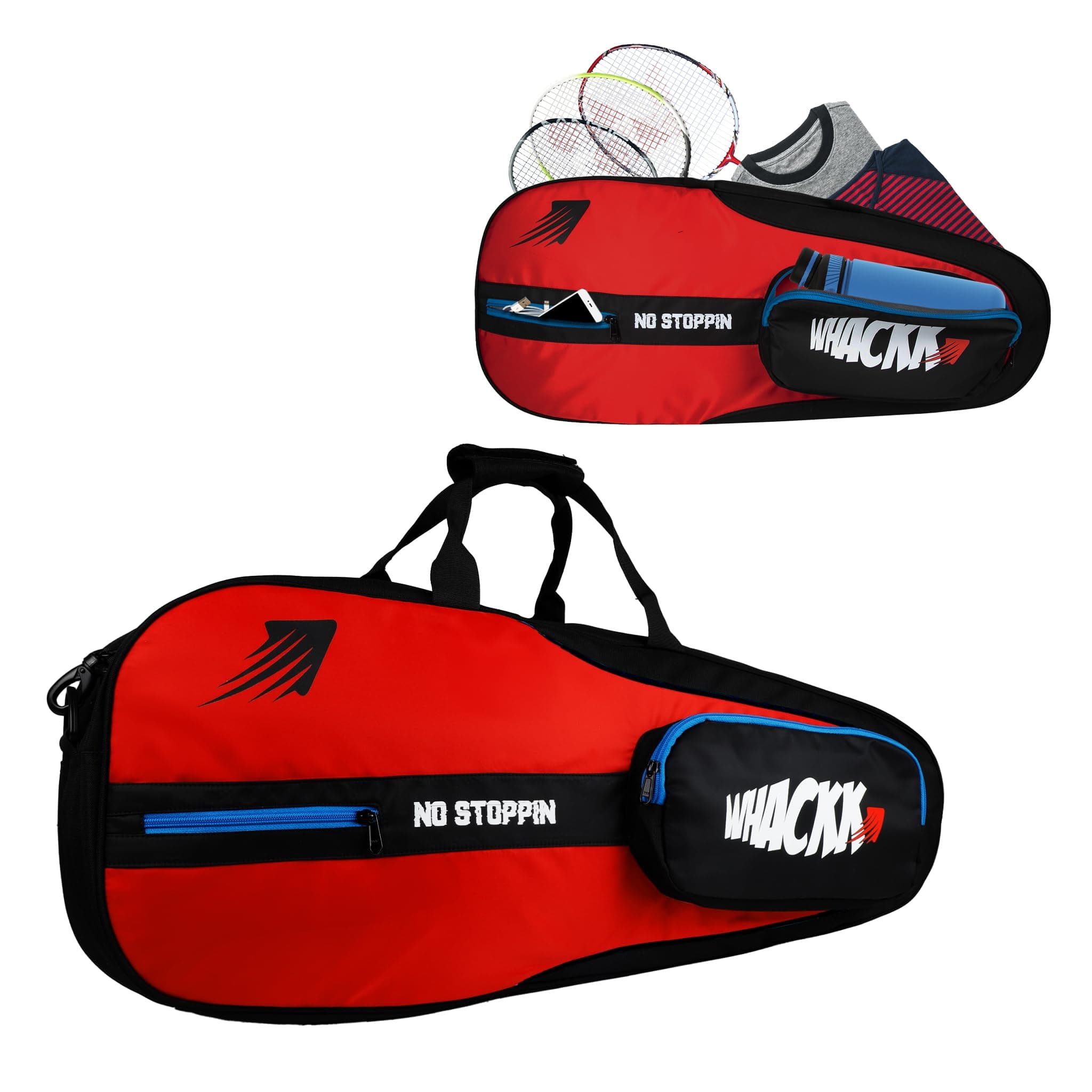 WHACKK Drive| Unisex Lightwieght Tennis Badminton Squash Equipment Cover Kit Bag Shoe Pocket | Air Ventilated Pocket for Wet Cloths | 4T 68 Racket | Backpack & Duffel (red Black)